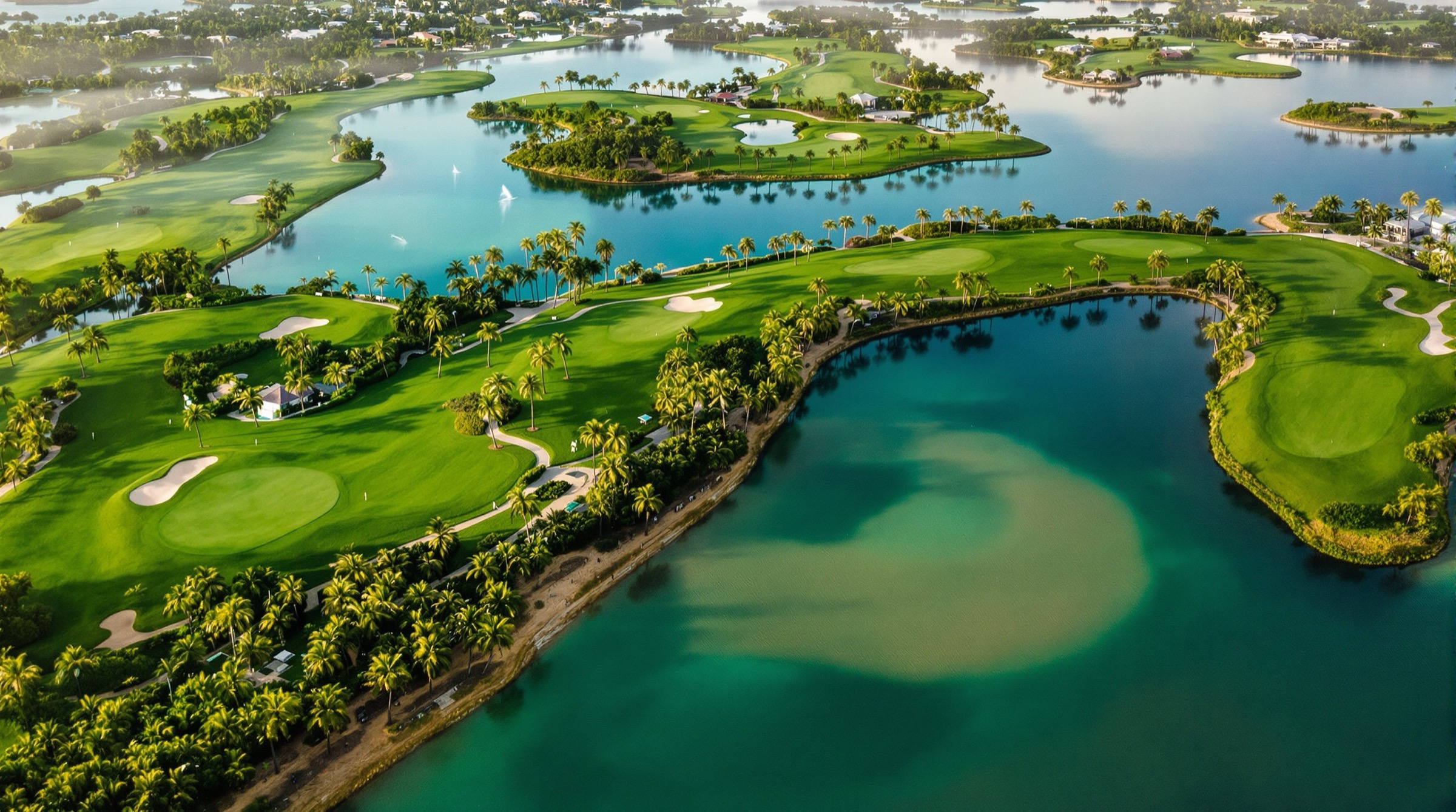 Aerial view of a Palm Beach golf course winding through palms and lakes