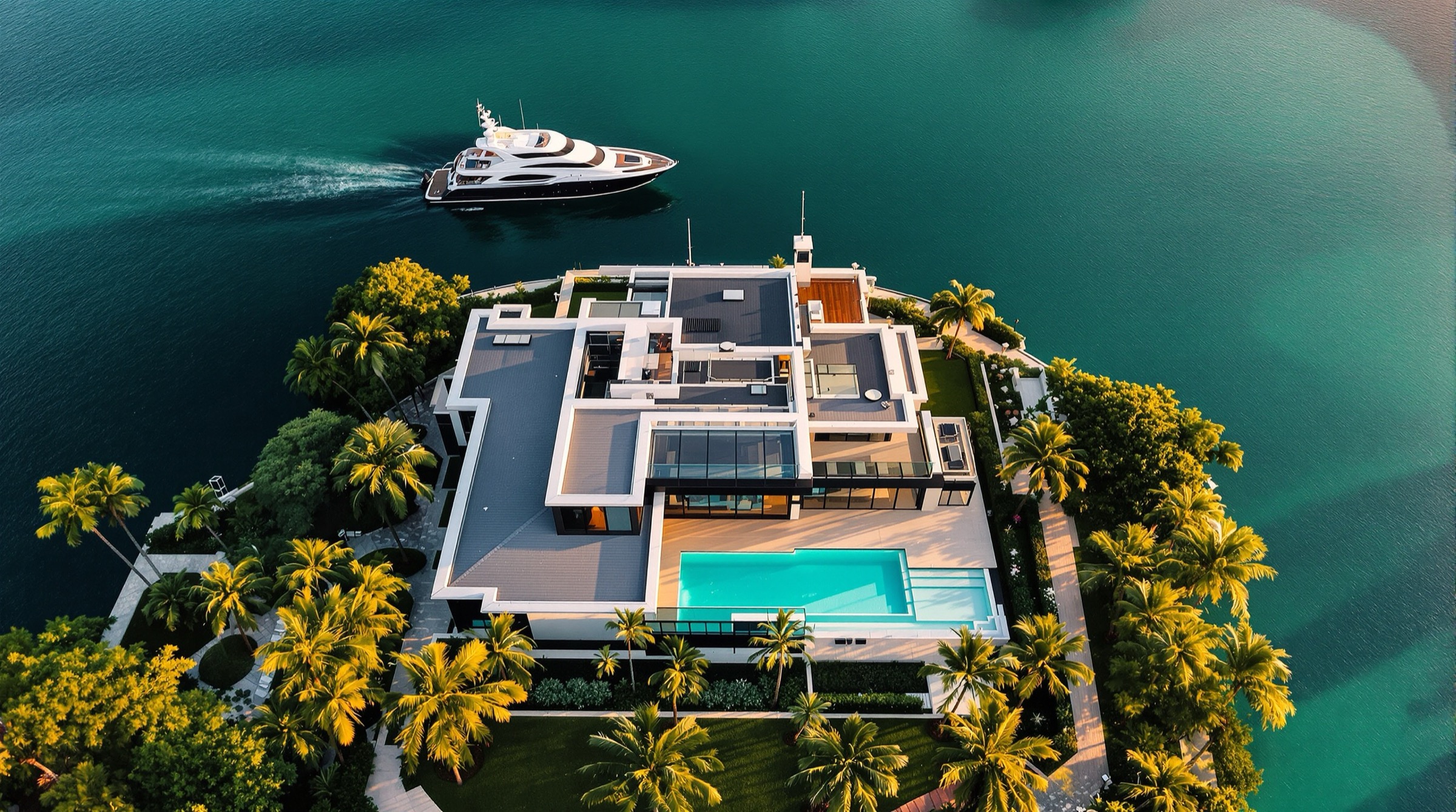 Top-down drone shot of a luxury waterfront mansion with infinity pool