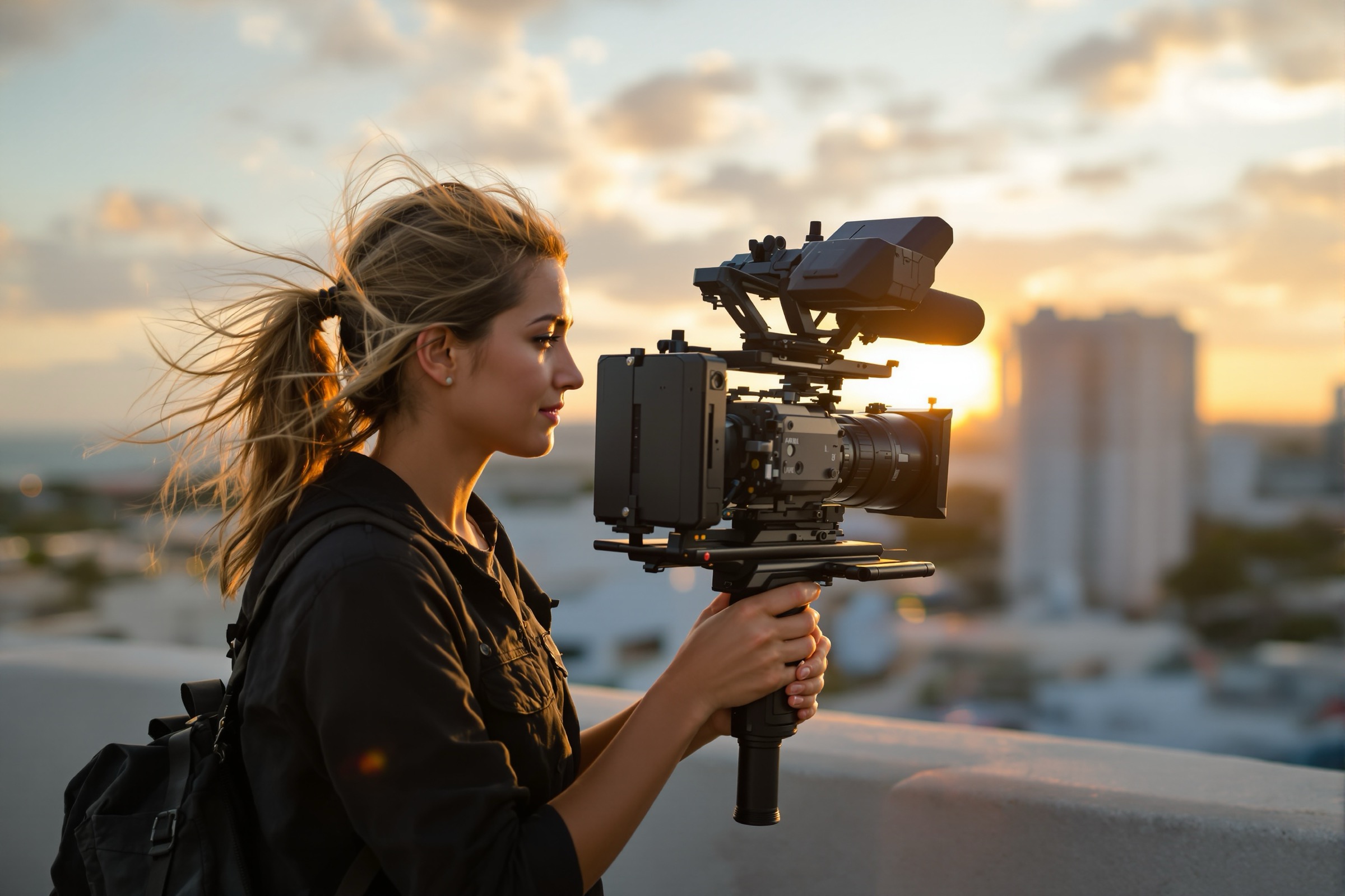 Abby operating a cinema camera on a Miami rooftop at golden hour