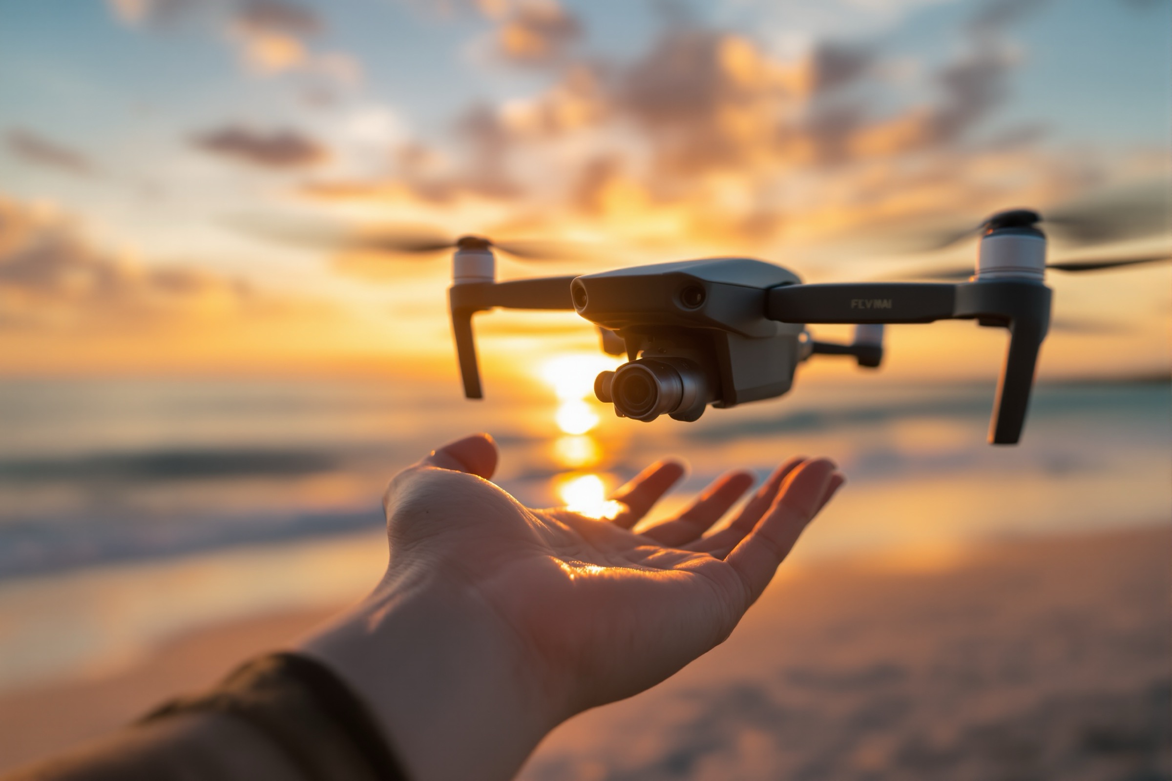 Cinema drone launching from an open palm at sunset