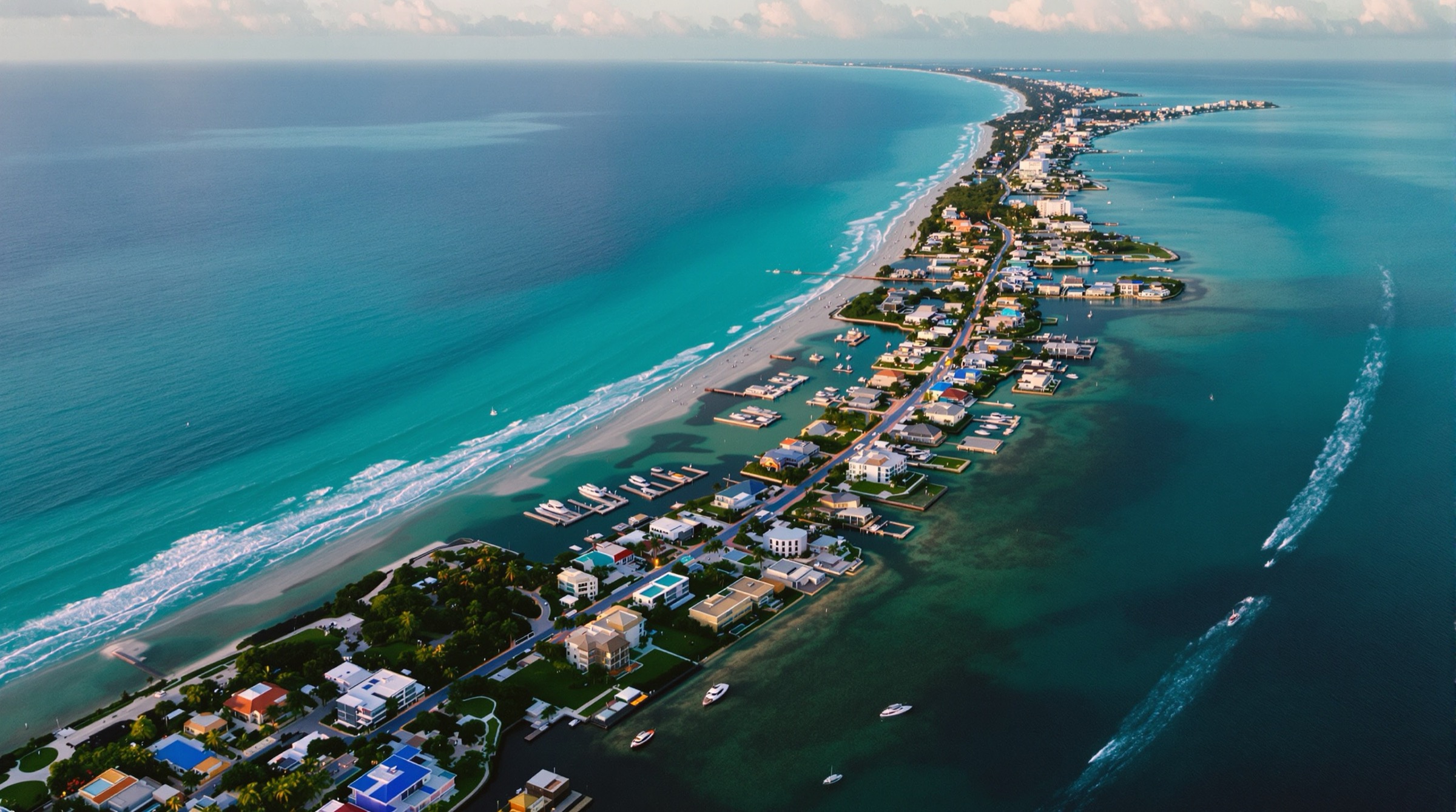 Aerial drone shot of the South Florida coastline at golden hour